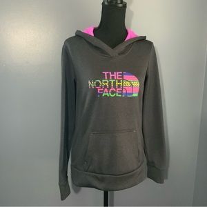 The North Face Gray Hoodie With Multicolor Logo Pink Lining size Small *EUC*